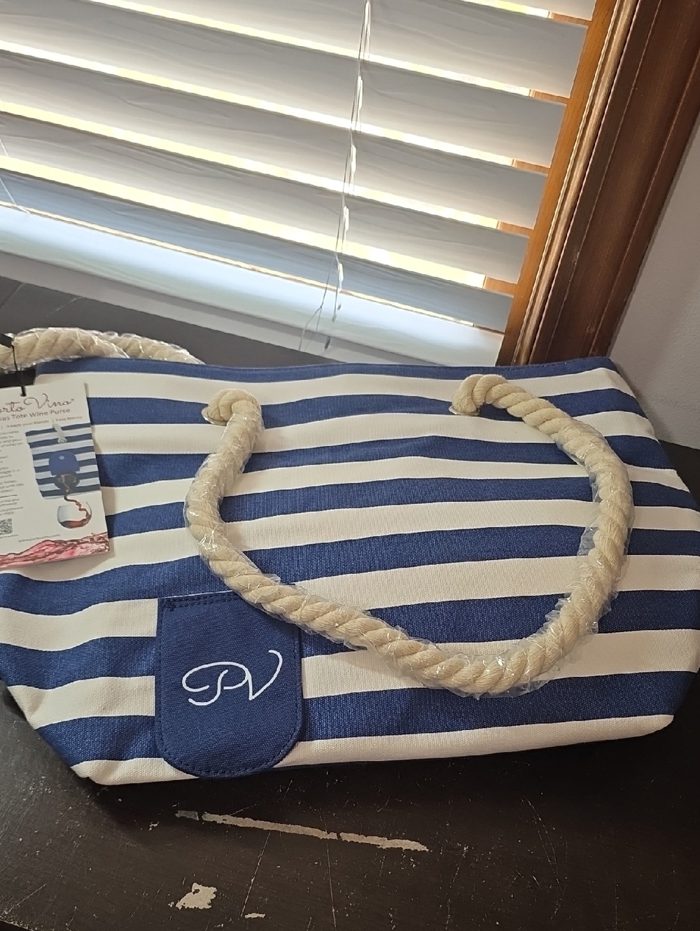 BRAND NEW Wine Tote Beach Bag-blue & White Striped Beach Tote with Rope Handles